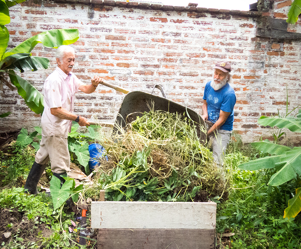 The same older man from the cover photo, with white skin, full beard and moustache, and straight white hair, is on the right side of the photo, helping another older man turn over a wheelbarrow, which is placed between them, facing the camera, and is dumping its contents into a square area bounded by wooden slats. The contents of the wheelbarrow are a large volume of leaves and green branches. The older man on the left of the photo has white skin, straight white hair and moustache, and is wearing a light pink shirt, beige pants and black rubber boots. They are surrounded by bushes and low foliage. Behind them is a stained white brick wall. 