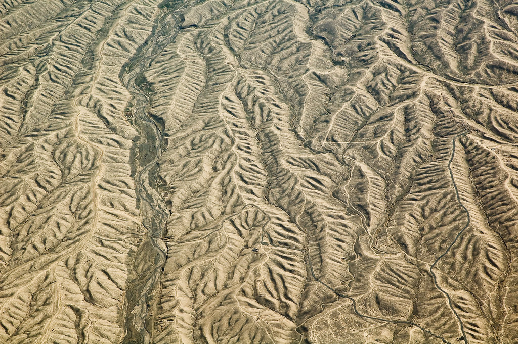 Imagem aérea de um deserto onde aparece uma grande área com dunas de areia em formas ondulares que formam um desenho que se parece com a textura de folhas de árvores.