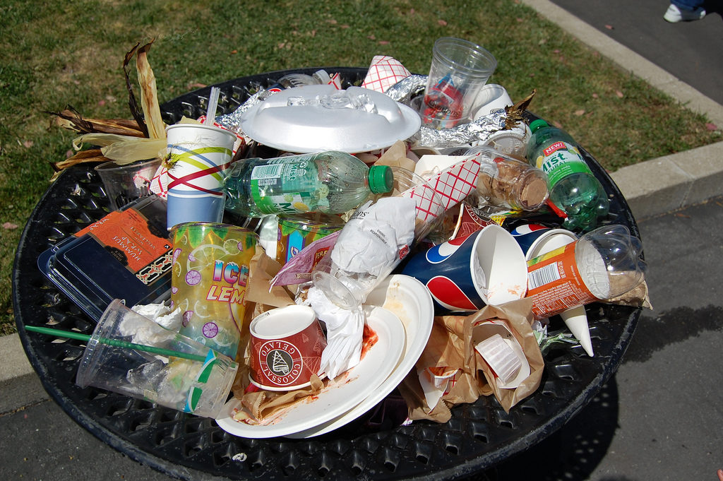 Uma cesta de lixo com vários copos, garrafas e embalagens plásticas. A cesta de lixo parece estar em uma rua asfaltada e parte de um canteiro com grama aparece atrás.