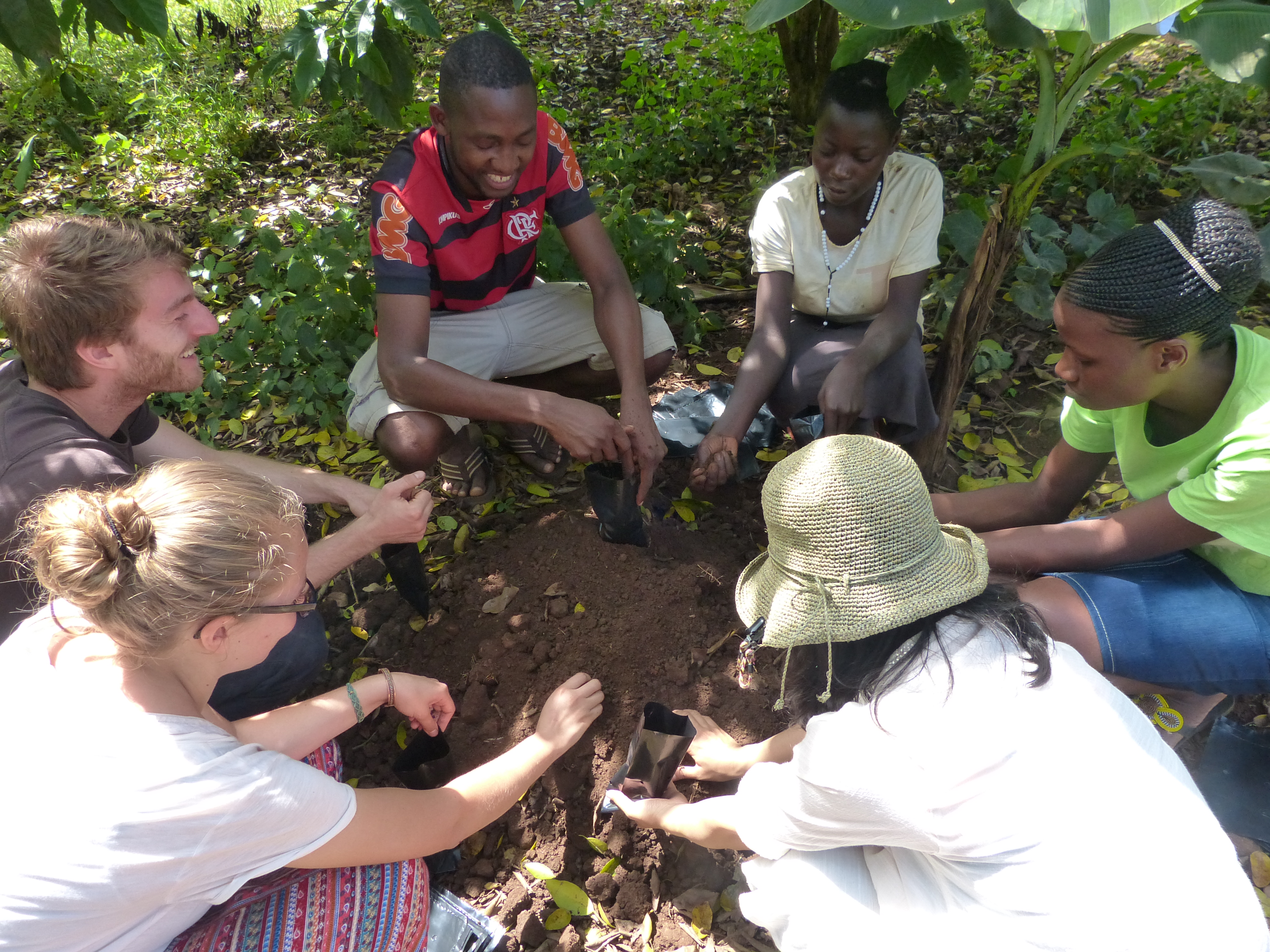 A group of six young people sit in a circle, planting seedlings in the dirt, surrounded by greenery. Three of the young people are black, a man and two women. The other three young people are white, a man and two women. One of the white women wears a beige hat, her face hidden from the camera. Both of the young men are smiling.