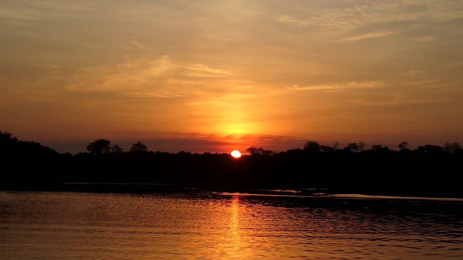 Imagen de una puesta de sol con los colores amarillo y naranja, al fondo un río con aguas oscuras, donde se refleja la luz del sol.