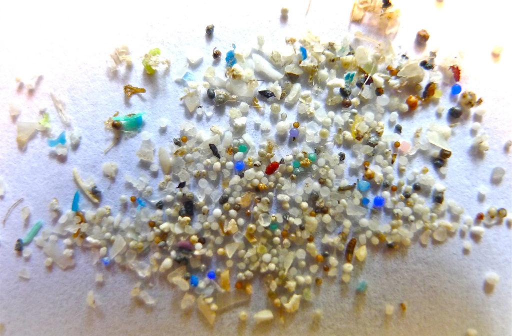 Tiny colorful plastic fragments are scattered on a white surface, looking like tiny rocks. Some have a rounded surface, while others are more jagged.