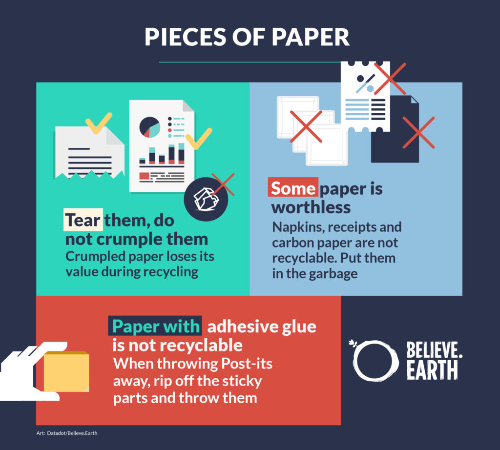Pieces of paper: tear them, do not crumple them. Crumpled paper loses its value during recycling. Some paper is worthless. Receipts and carbon paper are not recyclable. Put them in the garbage. Paper with adhesive glue is not recyclable. When throwing Post-its away, rip off the sticky parts and throw them. Recycle the rest!