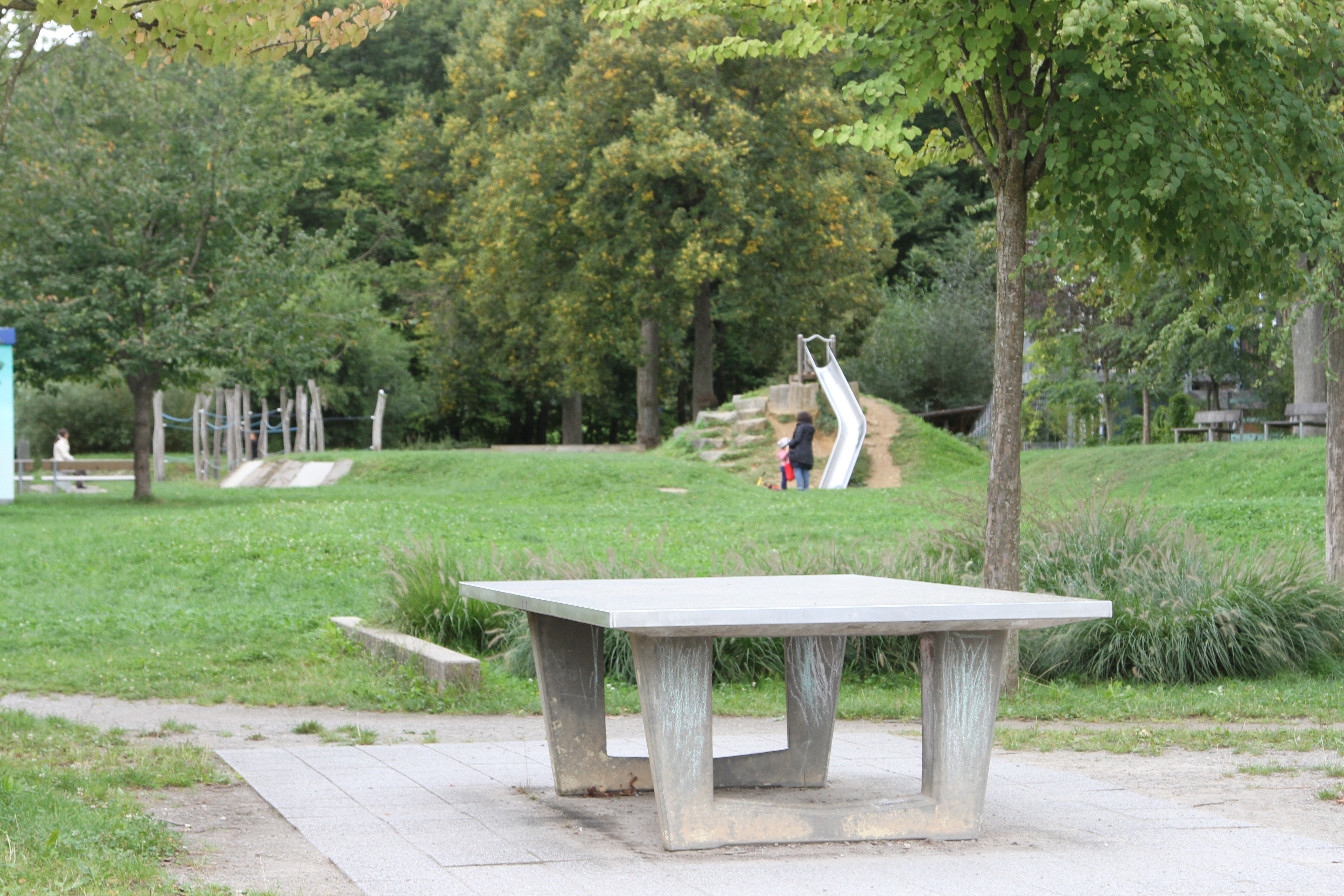 A game table in the middle of a park, with a slide and other playground equipment in the background.